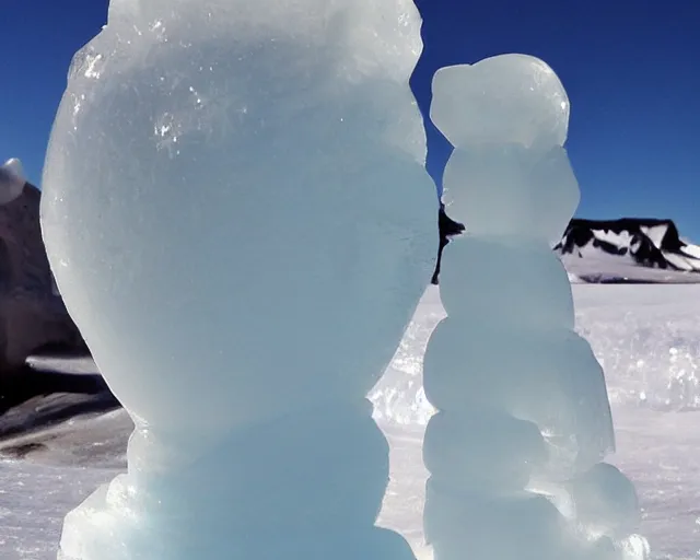 Image similar to ice sculpture. there is a little blonde boy trapped in the figurine made of ice. antartica