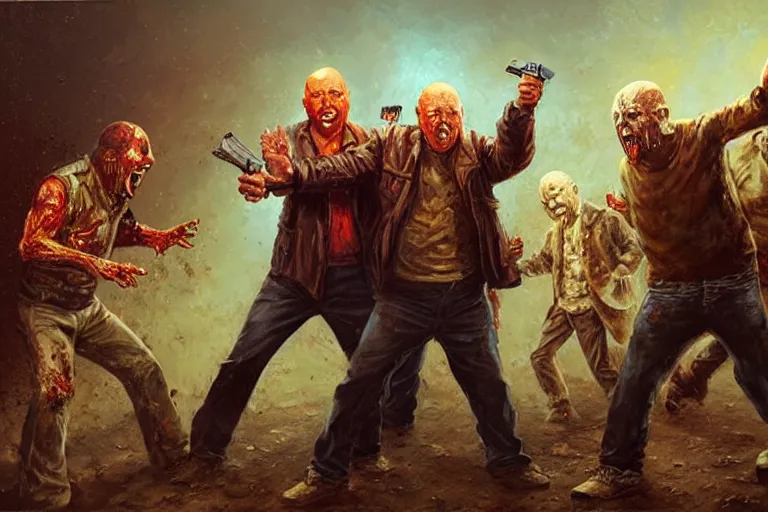 Image similar to portrait of tom atkins and donald pleasents fighting a zombie, an oil painting by ross tran and thomas kincade
