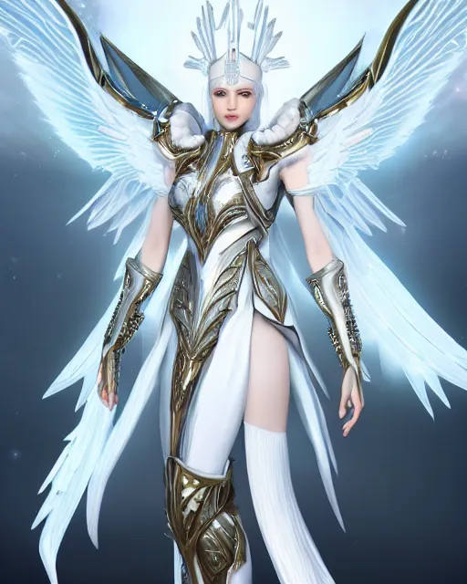 Image similar to perfect white haired egyptian goddess wearing white dove wings, warframe armor, regal, attractive, ornate, sultry, beautiful, ice queen, half asian, pretty face, blue eyes, detailed, scifi platform, 4 k, ultra realistic, volumetric lighting, illuminated, cinematic, masterpiece, art by akihito tsukushi, voidstar