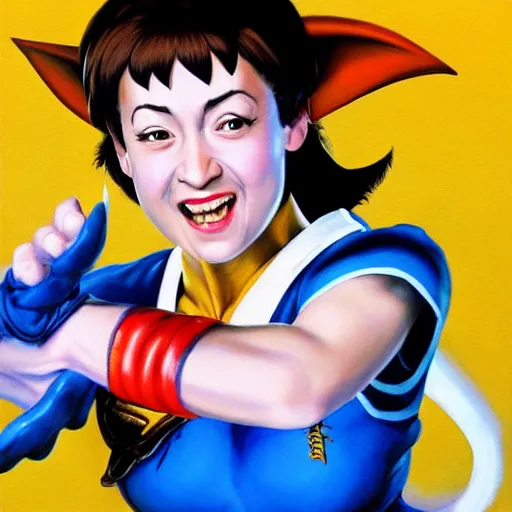Image similar to ultra realistic kristen schaal as chun li from street fighter, painting by frank frazetta, 4 k, ultra realistic, highly detailed,