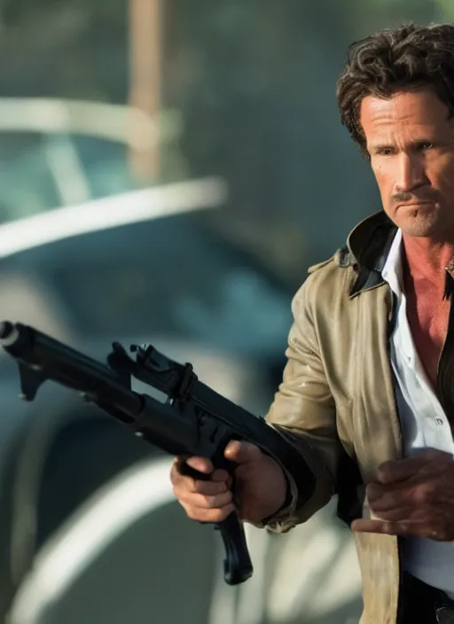 Image similar to film still of Todd Howard as Martin Riggs in Lethal Weapon, 4k