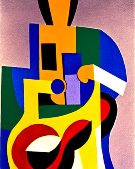 Prompt: a cubism portrait of willie nelson hugging his guitar, in the style of archipenko, alexande, muted colors