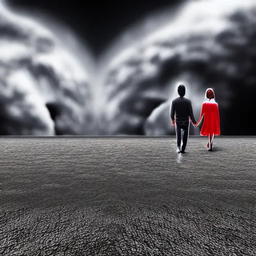 Prompt: couple walking hand in hand, in heaven and hell at the same time, surrealistic realistic digital art, detailed
