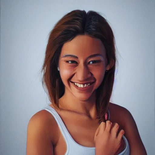 Prompt: a woman that successfully escaped her internal hell and looks genuinely happy, she would fit into most social situations and be seen as a good person. hyperrealism, trending on artstation.