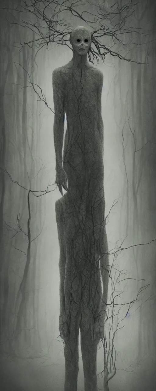 Image similar to a creepy portrait of slenderman. forest. night. character design by miles johnston, stephen gammell, gustave dore and zdzisław beksinski. volumetric light, detailed, rendered in octane