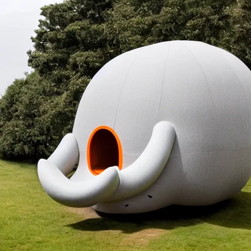 Image similar to a sleeping pod in the shape of an elephant with grey and orange accents designed by antony gormley, advertising photography