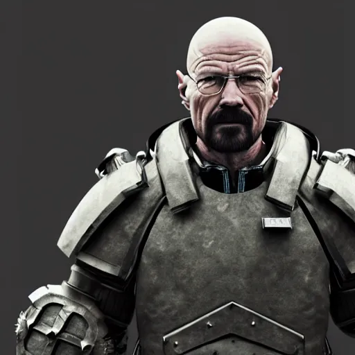 Prompt: Walter White wearing heavy military armor with a shield, highly detailed, 8k octane render