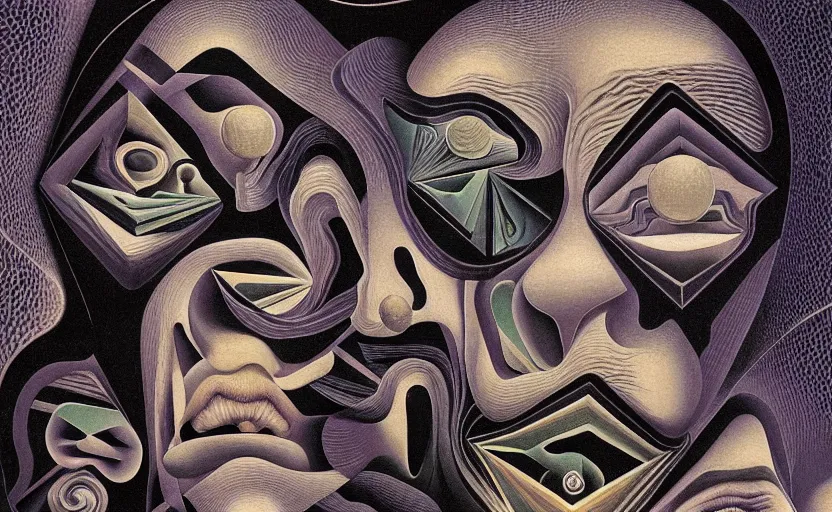 Image similar to close up of twisting faces full of pain pleasure fear love joy and agony. detailed abstract painting by josef albers, by mc escher, by raqib shaw, japanese popsurrealism,