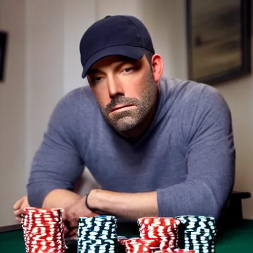 Prompt: a bald version de Ben Affleck, playing poker