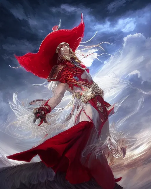 Image similar to A Full View of a Red Mage wearing magical shining armor and a feathered hat surrounded by an epic cloudscape. Magus. Red Wizard. Magimaster. Conquistador armor. Red and white stripes. Fantasy Illustration. masterpiece. 4k digital illustration. by Ruan Jia and Mandy Jurgens and Artgerm and greg rutkowski and Alexander Tsaruk and WLOP and Range Murata, award winning, Artstation, art nouveau aesthetic, Alphonse Mucha background, intricate details, realistic, panoramic view, Hyperdetailed, 8k resolution, intricate art nouveau