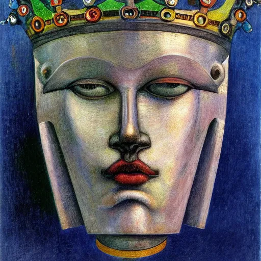 Image similar to the robot crown, by Annie Swynnerton and Diego Rivera, symbolist, dramatic lighting, elaborate geometric ornament, Art Brut ,god rays, soft cool colors,smooth, sharp focus, extremely detailed, Adolf Wölfli