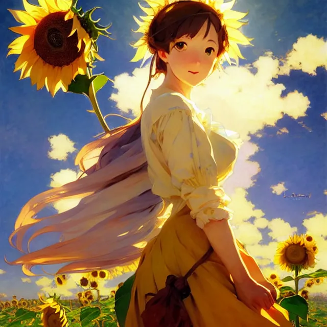 Image similar to beautiful sunflower anime girl, clouds, krenz cushart, mucha, ghibli, by joaquin sorolla rhads leyendecker, by ohara koson