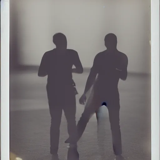 Image similar to There are two young male shadowy figures on a stage, motion blur, polaroid picture, black-and-white, 35mm