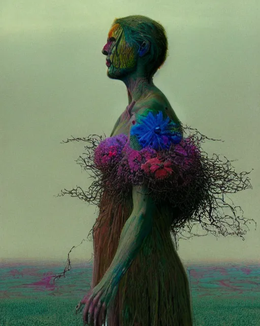 Image similar to A portrait of a woman wearing clothes made out of dying flowers, nuclear explosion in the background, Masterpiece, rainbow colored skin, glowing, wires everywhere, by Edgar Maxence and Ross Tran, Zdzisław Beksiński, and Michael Whelan, distant, gustav dore, H.R. Giger, 8k, octane render