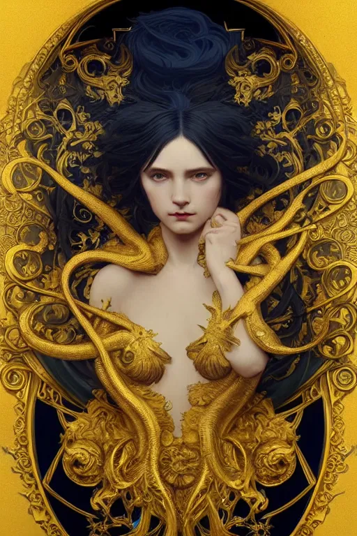 Image similar to beautiful black blue yellow, complicated gold the baroque style decoration, dark fantasy, intricate, elegant, highly detailed, digital painting, artstation, concept art, matte, 3 d 8 k octane rendered, sharp focus, illustration, octane rendered, art by artgerm and alphonse mucha, leesha hannigan