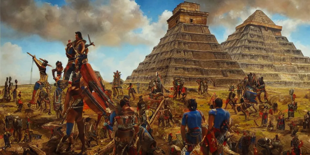 Image similar to simonetti rutkowski painting aztec warriors watching spaceship arriving to mesoamerican pyramid