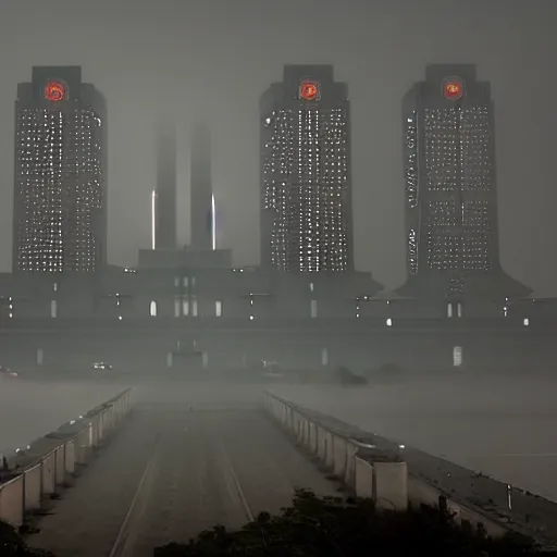 Image similar to pyongyang, fog, in the style of ghost in the shell by mamoru oshii