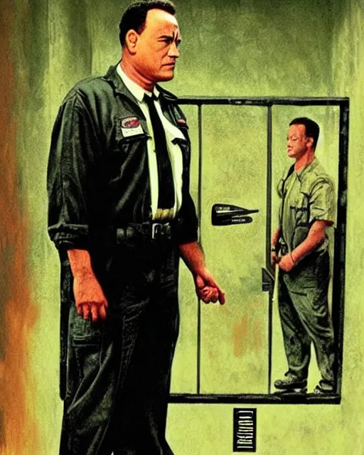 Image similar to tom hanks wearing prison guard uniform in the green mile, airbrush, drew struzan illustration art, key art, movie poster