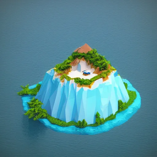 Prompt: a floating island on an aquatic environment isometric art, south america landscape, low poly art, game art, artstation, 3D render, high detail, cgsociety, octane render