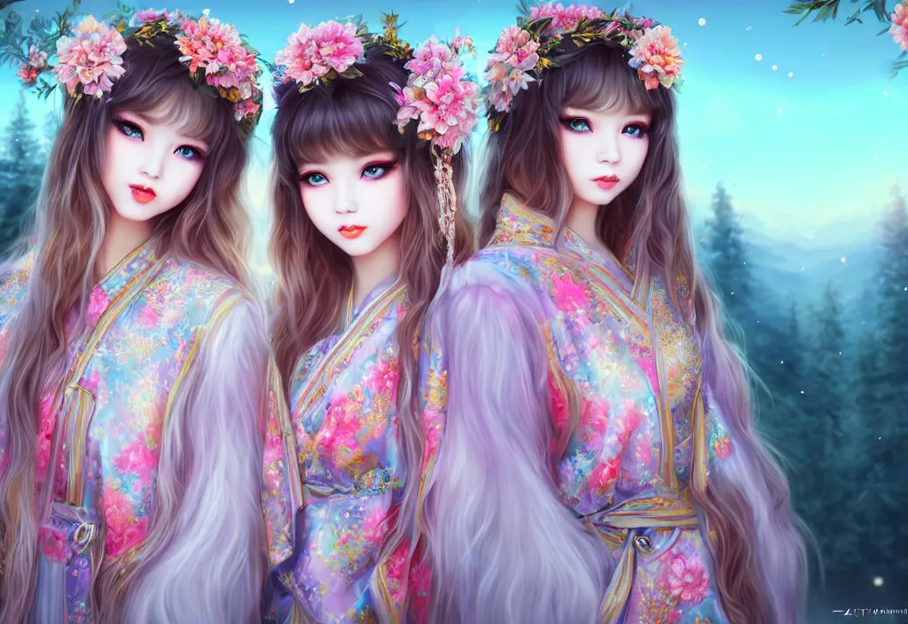 Image similar to two beautiful fashion siberian girls wear fantasy kimono in festival | | big eyes, sunny, dreamlike art, realistic shaded, smile, good looking, hyper details, 4 k realistic, cryengine, realistic shaded lighting poster by artgerm, ross tran, fuji choko, loish, 8 k resolution, trending on artstation, luxury