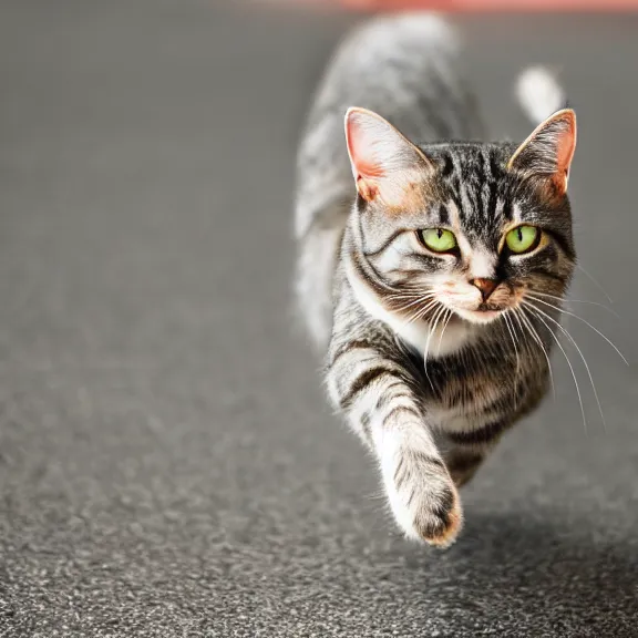 Prompt: close up wide angle photo of a brownish gray tabby cat running towards the camera, motion blur, dramatic