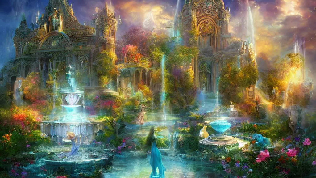 Prompt: Beautiful Godess of beauty with a fountain ” Beautiful Dreamscape, Digital art, concept art, detailed, lovely colors, Art station,3-D 4K, beautiful background, matte painting, ,