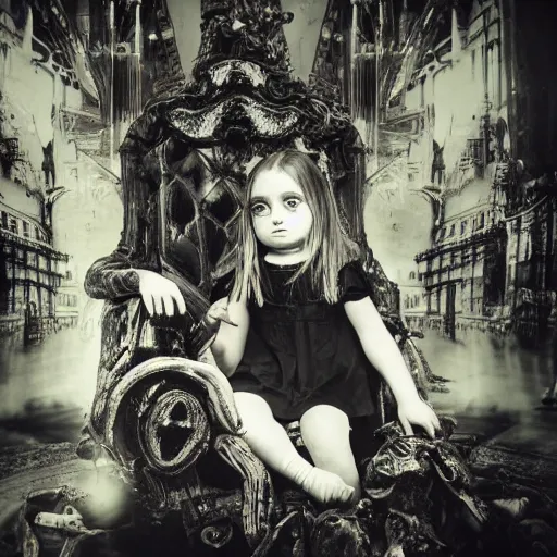 Image similar to a photo of young sad victorian gothic child with big eyes and wide grin sitting on a sofa of bones surrounded by a cyber futuristic cityscape made of human body parts, lighting, 5 0 mm, award winning photography