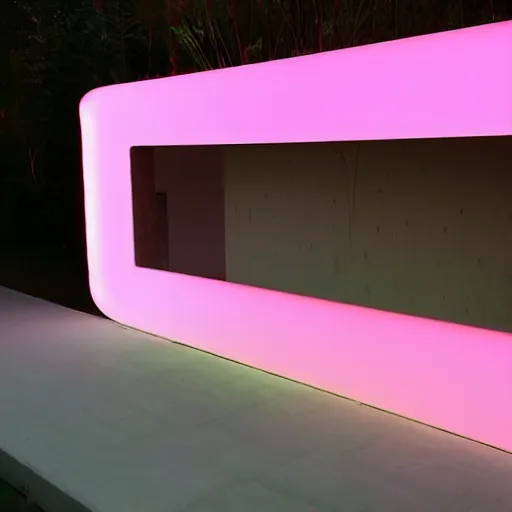 Image similar to An ultra high definition, professional photograph of an outdoor partial IKEA showroom inspired sculpture with a white outdoor dot matrix light sign displaying an emoji, located on a pastel pink beach ((with pastel pink, dimpled sand where every item is pastel pink. )) The sun can be seen rising through a window in the showroom. The showroom unit is outdoors and the floor is made of dimpled sand. The showroom unit takes up 20% of the frame and is surrounded by barren beach environment. A square dot matrix sign displays an emoji somewhere in the scene. Morning time indirect lighting with on location production lighting on the showroom. In the style of wallpaper magazine, Wes Anderson.