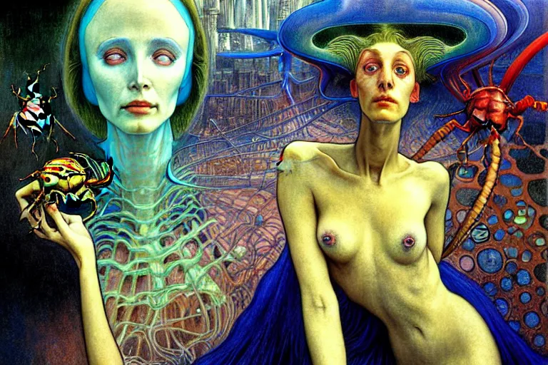 Prompt: realistic extremely detailed portrait closeup painting of a ghost woman with a beetle, futuristic sci-fi city on background by Jean Delville, Amano, Yves Tanguy, Alphonse Mucha, Ernst Haeckel, Edward Robert Hughes, Roger Dean, rich moody colours, blue eyes