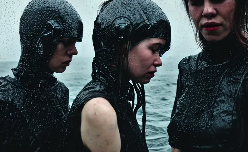 Image similar to cinestill 5 0 d candid photographic portrait by helen levitt of two loving female androids wearing rugged black mesh techwear in treacherous waters, extreme closeup, modern cyberpunk moody depressing cinematic, pouring rain, 8 k, hd, high resolution, 3 5 mm, f / 3 2, ultra realistic faces, ex machina