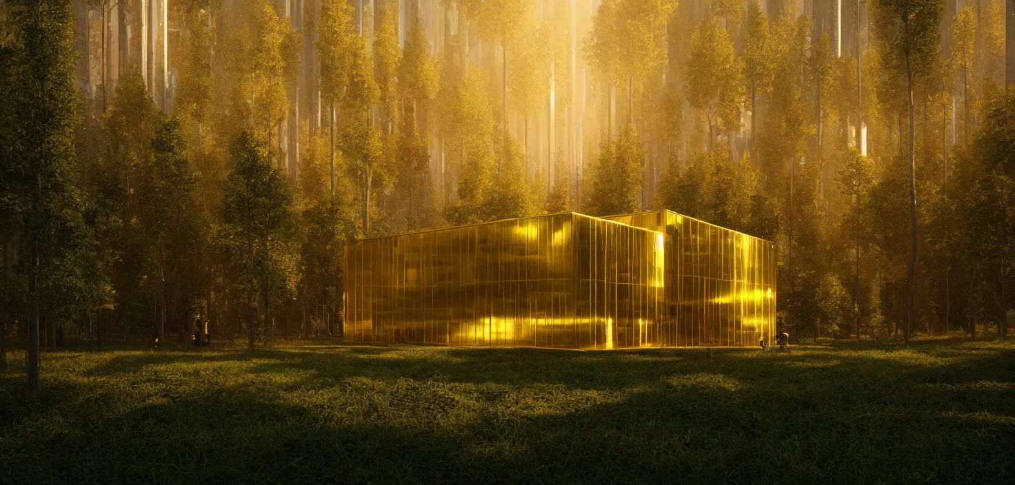 Prompt: futuristic shinny golden building in an forest landscape of a biopunk city by taras shevchenko and wlop, movie poster, golden ratio, evening lighting, film still, realistic, octane render redshift arnold materials unreal engine, 8 k post production, hyper detailed