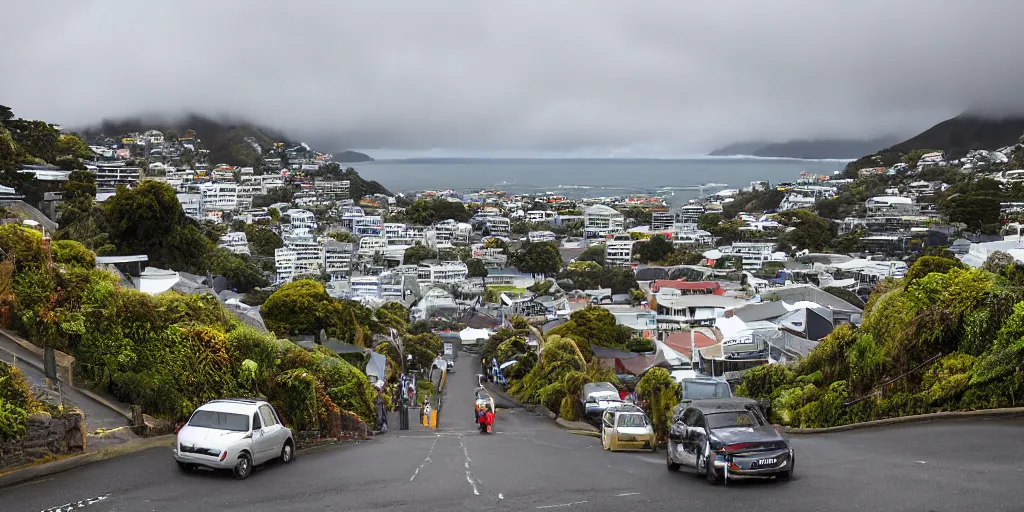 Image similar to a very steep street in wellington, new zealand with multiple building covered in living walls made of endemic new zealand plant species. patrick blanc. windy rainy day. people walking in raincoats. 1 9 0 0's colonial cottages. harbour in the distance.