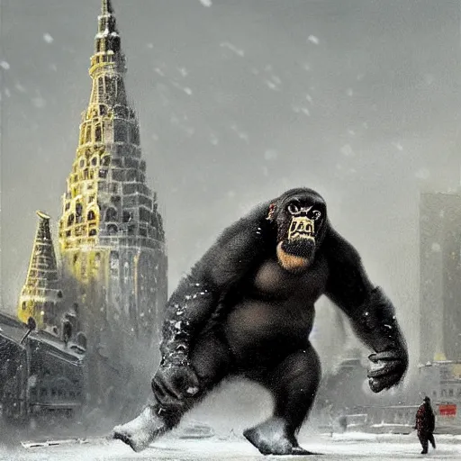 Prompt: angry and aggressive king kong in winter moscow, digital painting, very detailed, art by jakub rozalski