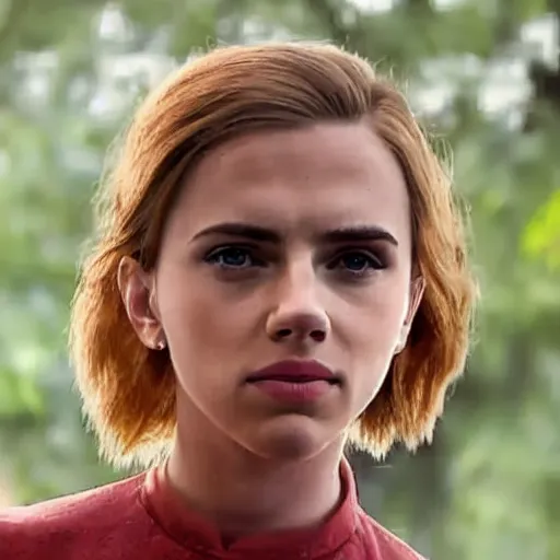 Image similar to a woman who is a genetic combination of scarlett johansson and emma watson face and upper - body focus