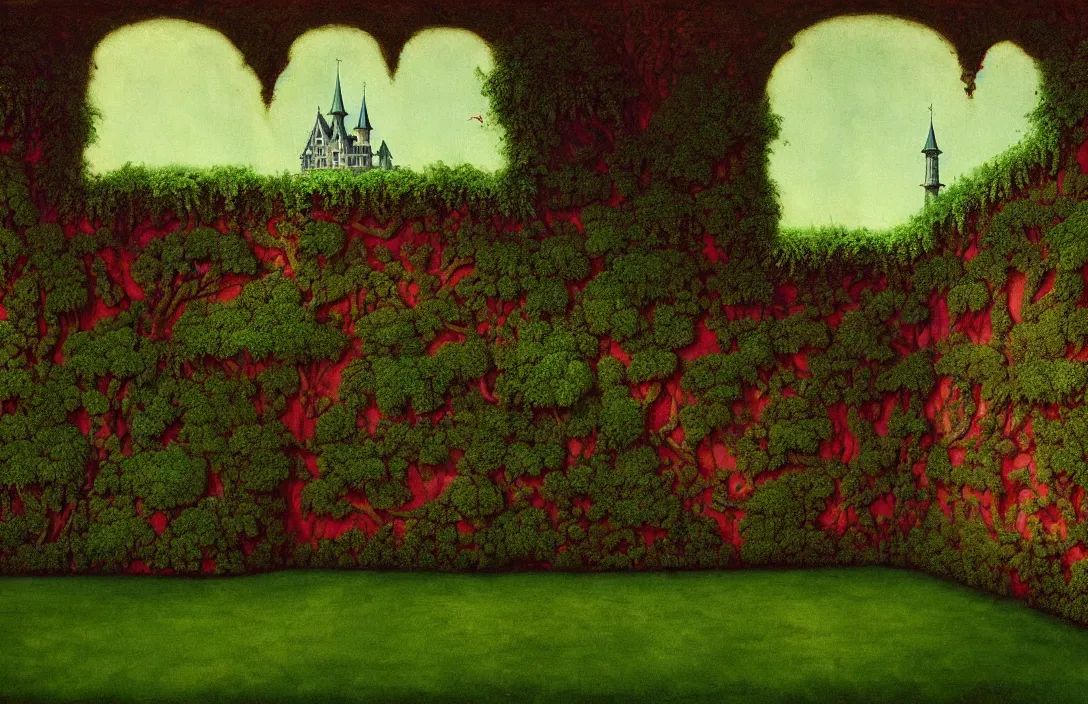 Prompt: sequestered corner of a garden within a castle walls painting by roger dean intact flawless ambrotype from 4 k criterion collection remastered cinematography gory horror film, ominous lighting, evil theme wow photo realistic postprocessing macrolens this work is the centre panel of an altarpiece photograph by robert adams