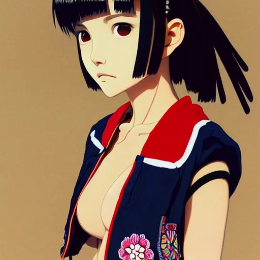 Image similar to a beautiful japanese natalie portman gravure model, wearing oversized native designer bomber jacket and leotard, bulky poofy bomber jacket with mesoamerican patterns, mesoamerican native street fashion, gapmoe yandere grimdark, trending on pixiv fanbox, painted by greg rutkowski makoto shinkai takashi takeuchi studio ghibli, akihiko yoshida