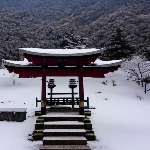 Prompt: a shinto shrine atop a mountain,snowy,beautiful nature,distant shot