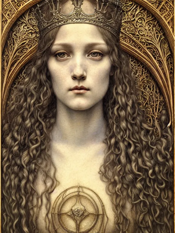 Image similar to detailed realistic beautiful young medieval queen face portrait by jean delville, gustave dore and marco mazzoni, art nouveau, symbolist, visionary, gothic, pre - raphaelite. horizontal symmetry