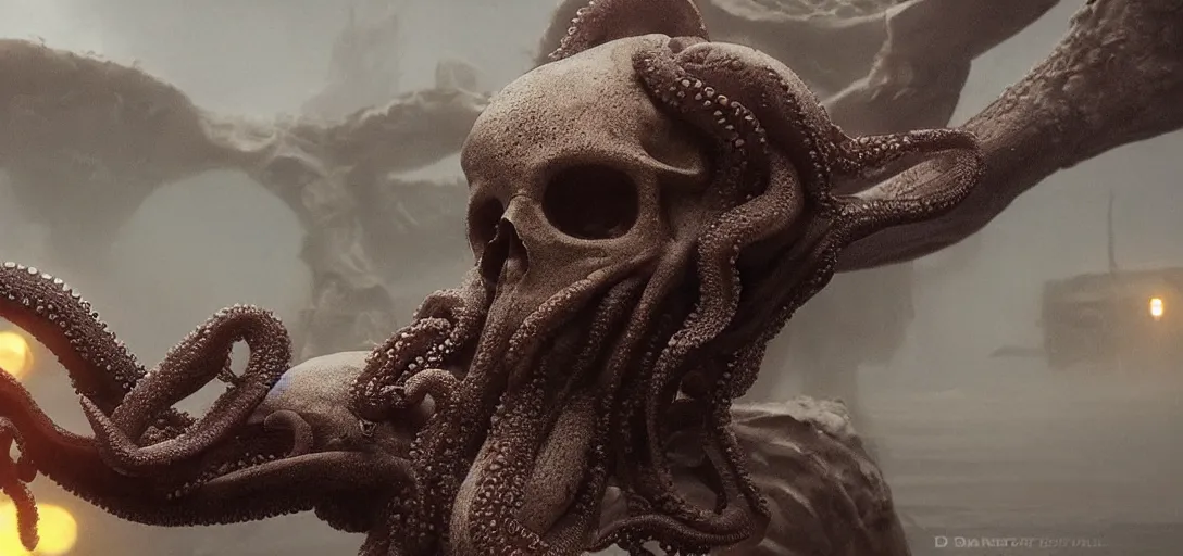 Prompt: an octopus in the shape of a skull & foggy & cinematic shot & photo still from movie by denis villeneuve & wayne barlowe