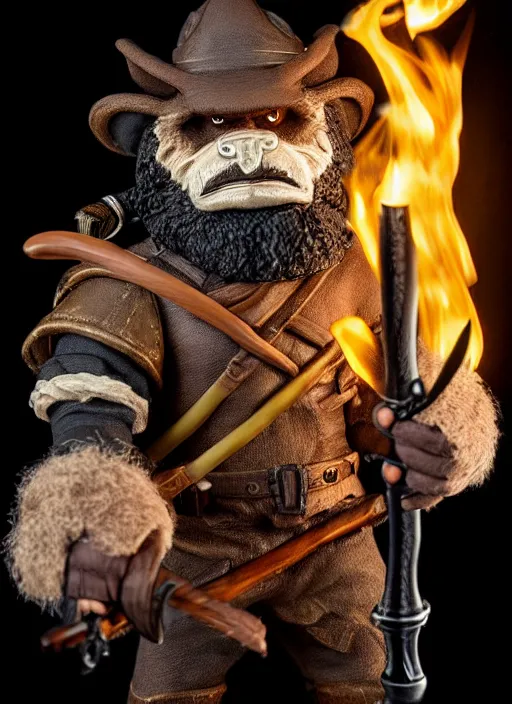 Image similar to bugbear ranger holding a fire sword, exquisite details, black beard, white background, by studio muti