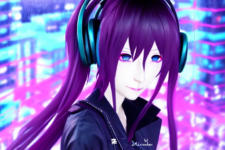 Prompt: hatsune miku with headphones is looking at a rainy window in the style of a code vein character creation, cyberpunk art by Yuumei, cg society contest winner, rayonism light effects and bokeh, daz3d, vaporwave, deviantart hd