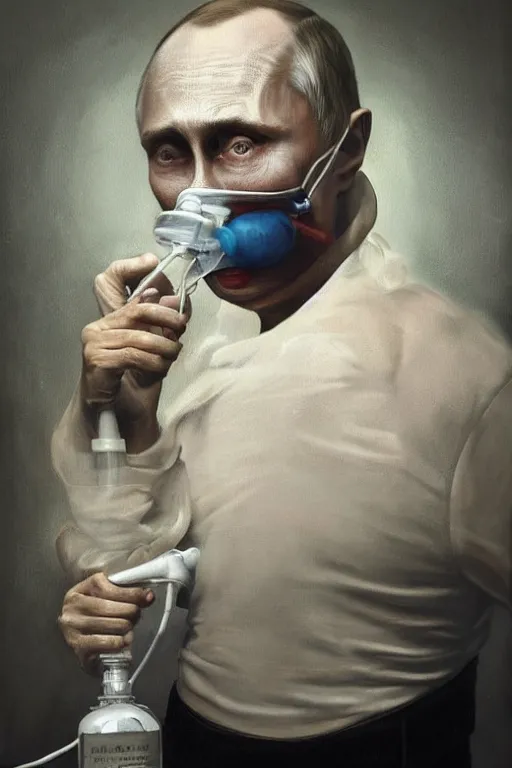 Image similar to hyperrealistic painting of very ill Vladimir Putin wearing an oxygen mask on a death bed inhaling from Copium tank, dimly lit cozy tavern, leather tunic, confident relaxed pose, d&d, stunning 3d render inspired art by Tim Okamura and Lise Deharme + perfect facial symmetry + dim volumetric lighting, 8k octane beautifully detailed render, post-processing, extremely hyperdetailed, intricate, epic composition, grim yet sparkling atmosphere, cinematic lighting + masterpiece, trending on artstation, very very detailed, masterpiece, stunning