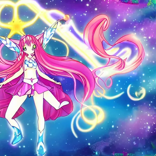 Image similar to atlantean anime magical girl flying with crystal energy rollerskates