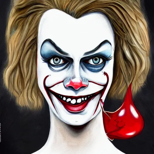 Image similar to grunge cartoon painting of margot robbie with a wide smile and a red balloon by chris leib, loony toons style, pennywise style, corpse bride style, horror theme, detailed, elegant, intricate