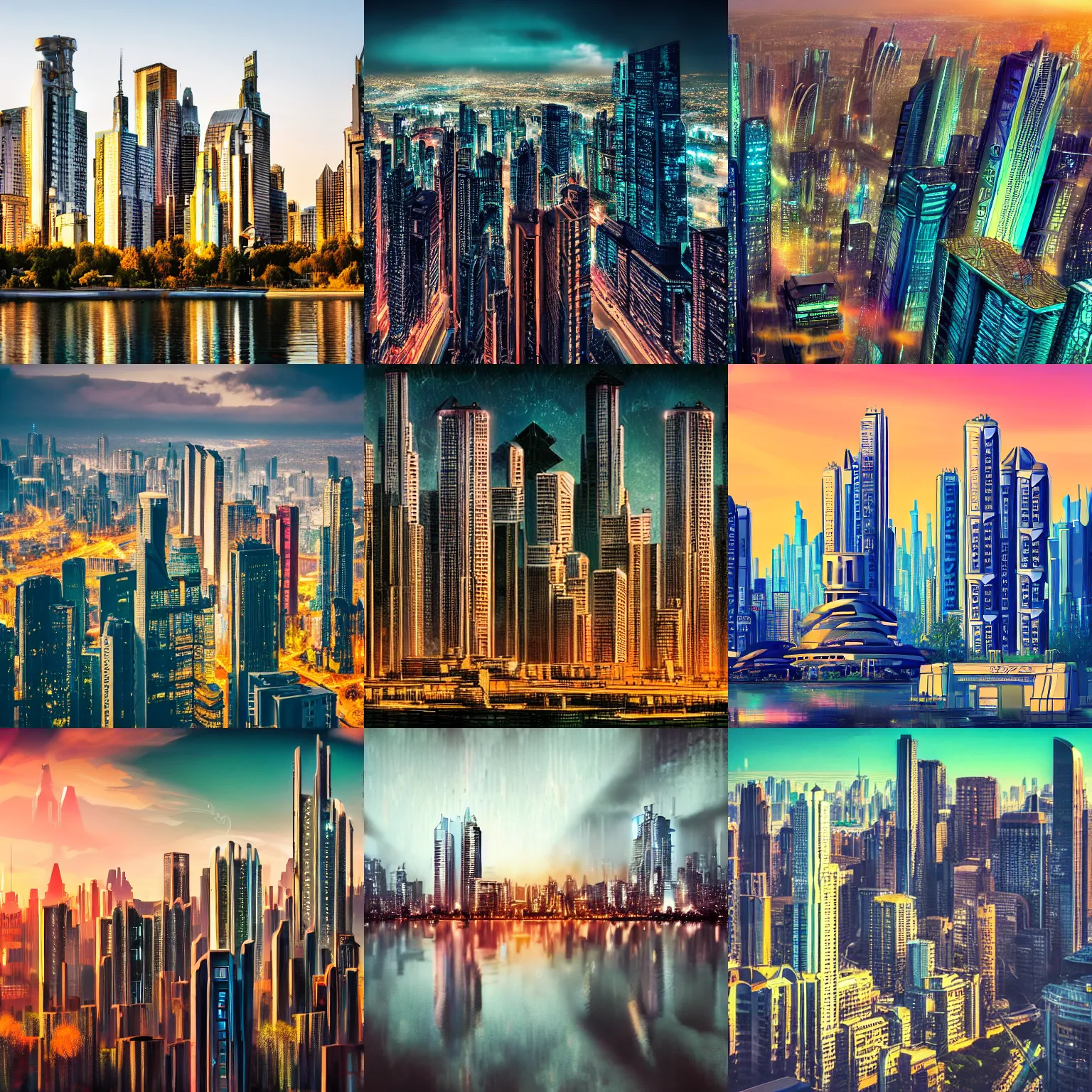 Prompt: detailed photo of a beautiful skyline with cyberpunk Art Deco buildings, parks and lakes