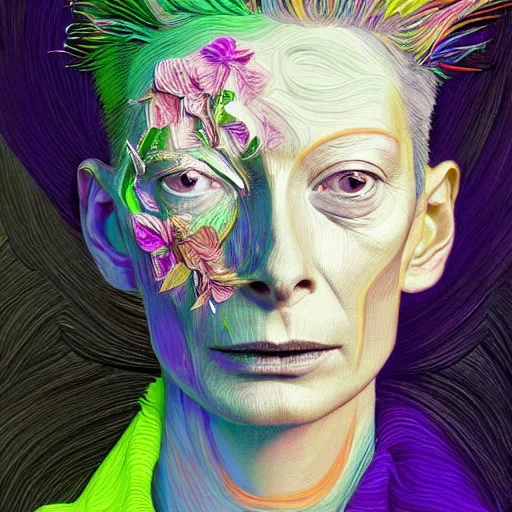 Image similar to a realistic yet sketched fierce neon tilda swinton, trending on artstation, by archan nair and marlene duma, intricate details, flowers, in the style of frank auerbach, in the style of martin ansin, in the style of david aja, in the style of mattias adolfsson