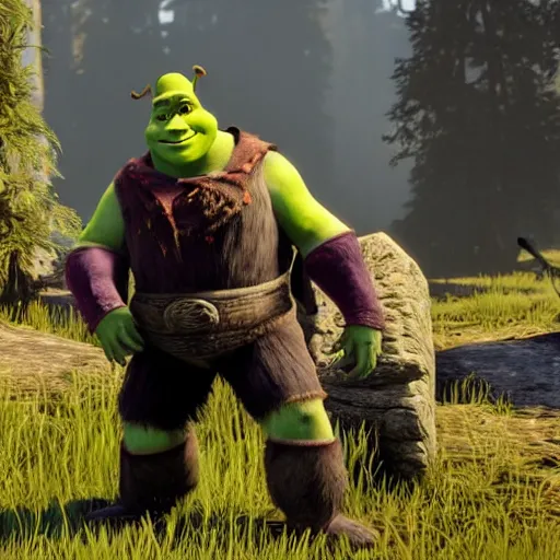 Prompt: a screenshot of shrek in red dead redemption 2