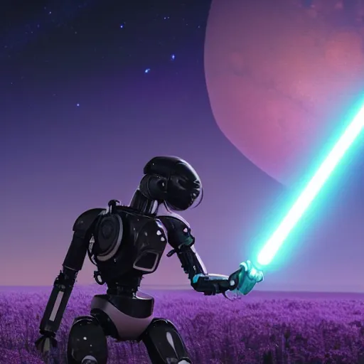 Prompt: humanoid robot in fighting stance wielding lightsaber in front of a violet planet in the sky, unreal engine, featured on cgsociety, trending on artstation, detailed, scifi futuristic character concept, simon stalenhag, movie still, octane render, hubble telescope, violet planet, stars, hyperrealistic, cinematic, by weta digital, epic action pose
