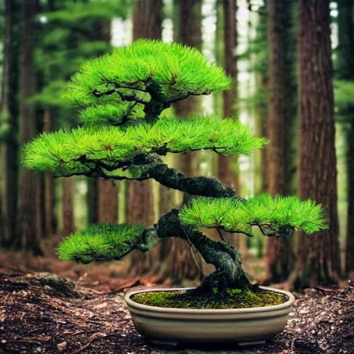 Prompt: a realistic bonsai dense forest on a pot, photography, focus