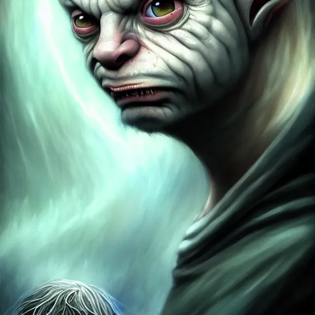 Prompt: epic professional digital airbrushed full portrait art of a mopey sad emo Gollum, adorably gloomy, lord of the rings, sci-fi art, fantasy art, best on artstation, cgsociety, wlop, Behance, pixiv, cosmic, epic, stunning, gorgeous, UHD, 4k, cinematic, masterpiece by Tom Lockwood and Gerald Brom